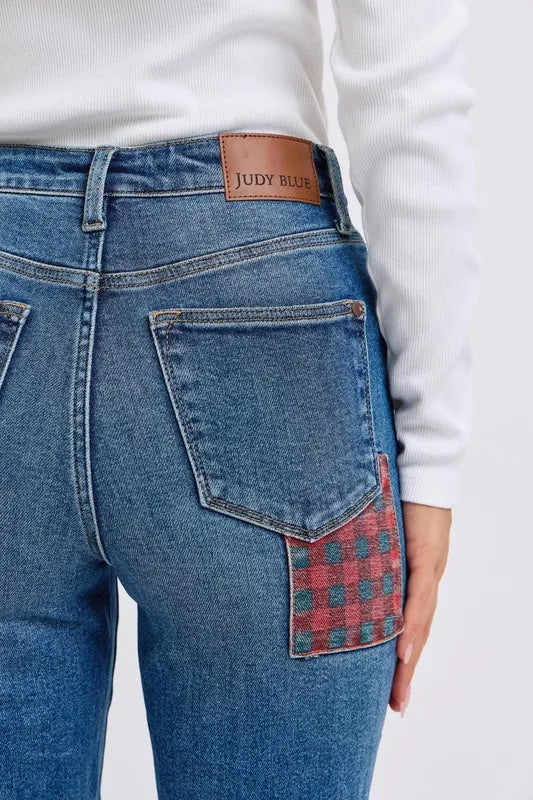Judy Blue Full Size HW Plaid Patch Slim Fit Jeans Plus Size OutfitFlow
