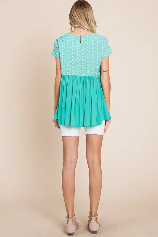 Lime 'N' Chili Full Size Embroidered Short Sleeve Pleated Babydoll Top Plus Size OutfitFlow