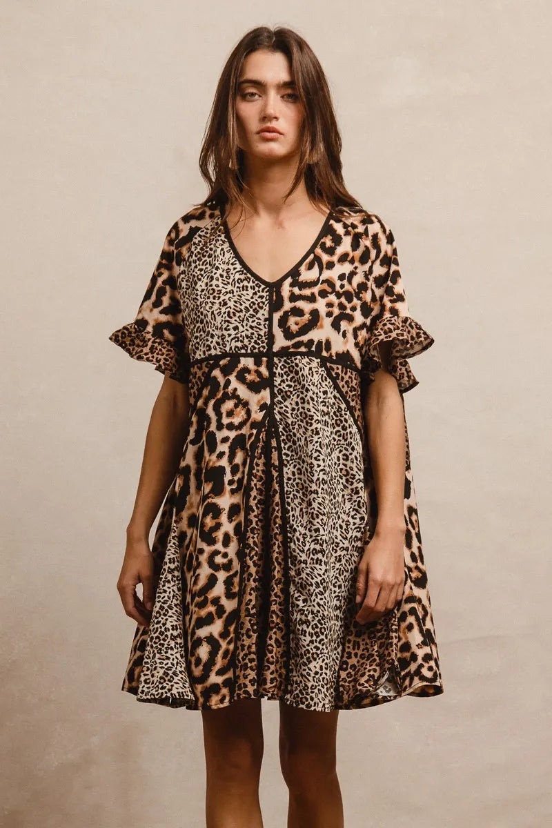 BiBi Leopard Prints Mix and Match Short Sleeves Dress OutfitFlow