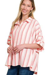 Zenana Woven Yarn-Dye Stripe Oversized Button Down Shirt OutfitFlow