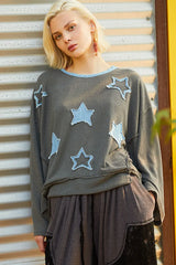 POL Exposed Seam Relaxed Fit Sweater with Star Denim Patch Trendsi