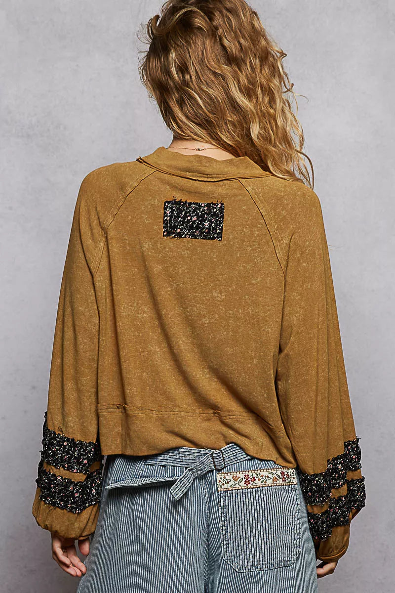 POL Print Patch Round Neck Balloon Sleeve Cropped Top OutfitFlow