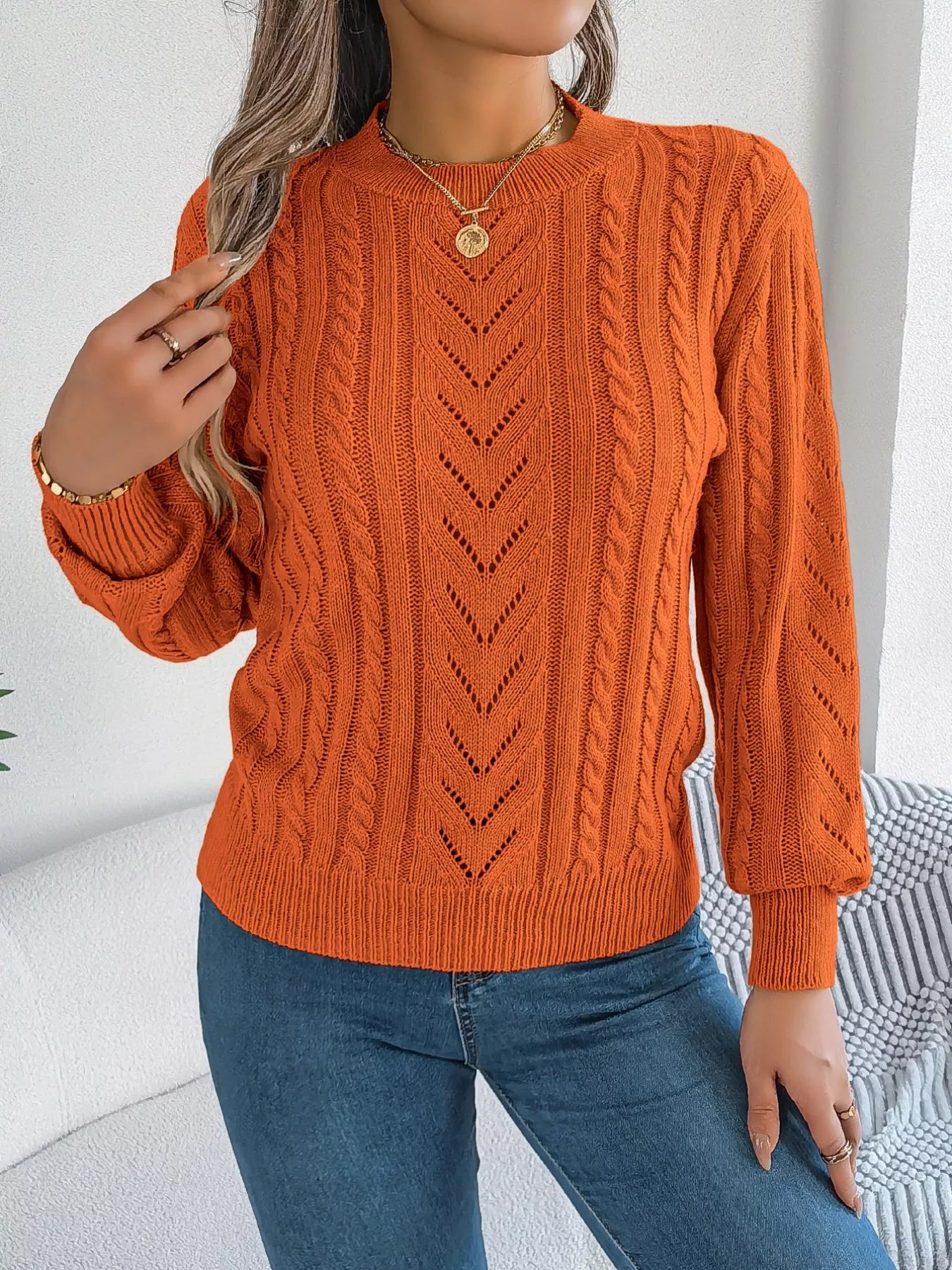 Cable-Knit Round Neck Sweater OutfitFlow