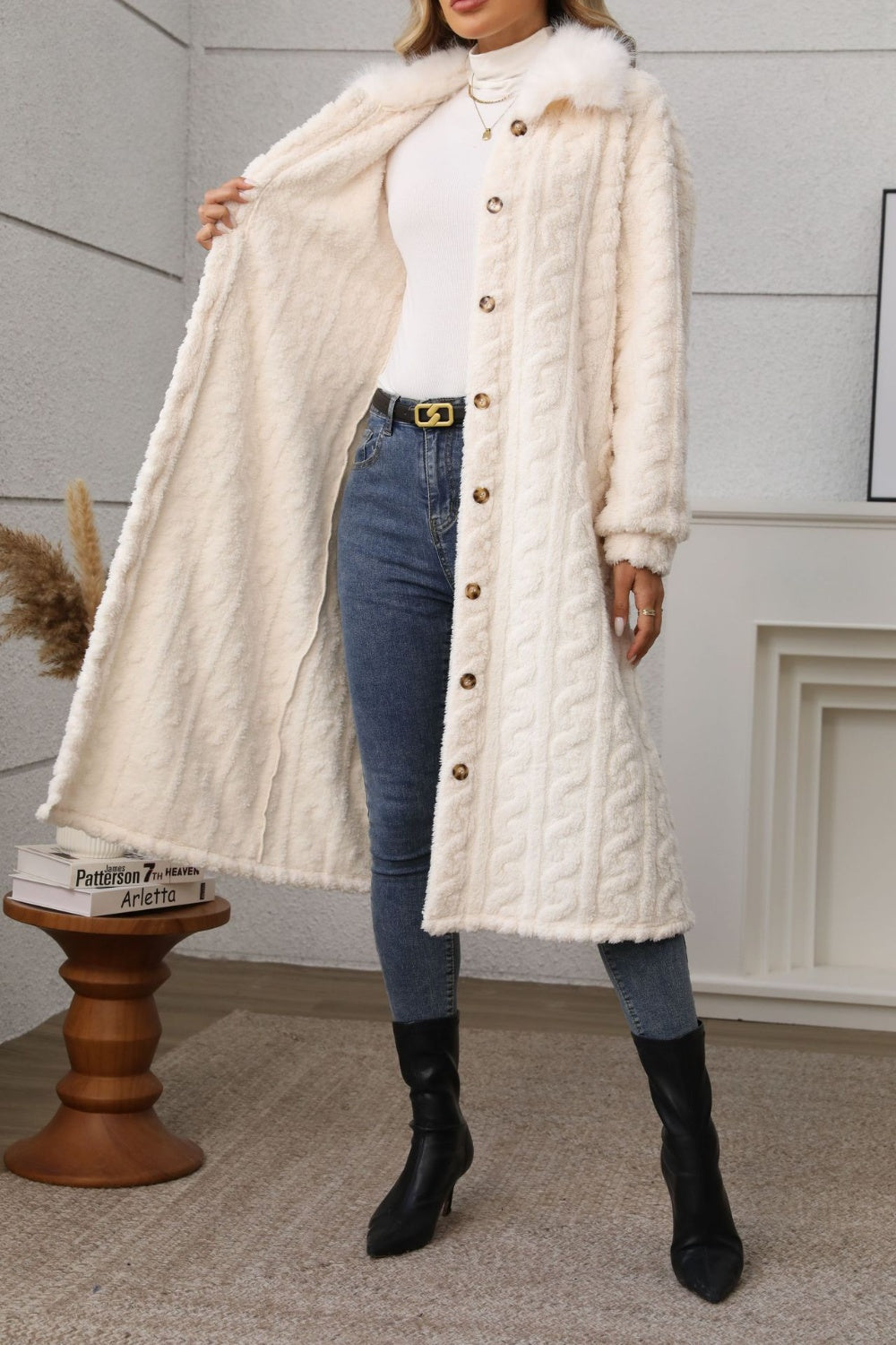 Outfit Flow - Furry Button Up Long Sleeve Longline Coat