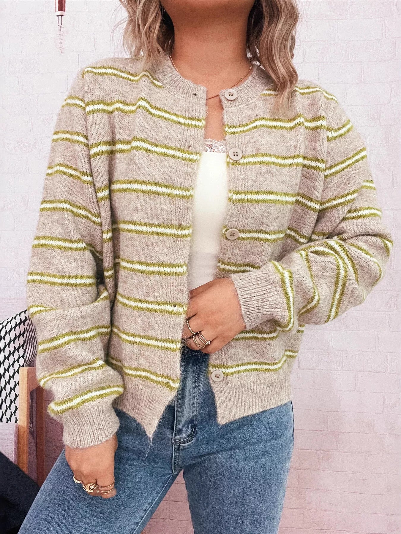 Striped Button-Up Long Sleeve Cardigan Apricot One Size OutfitFlow
