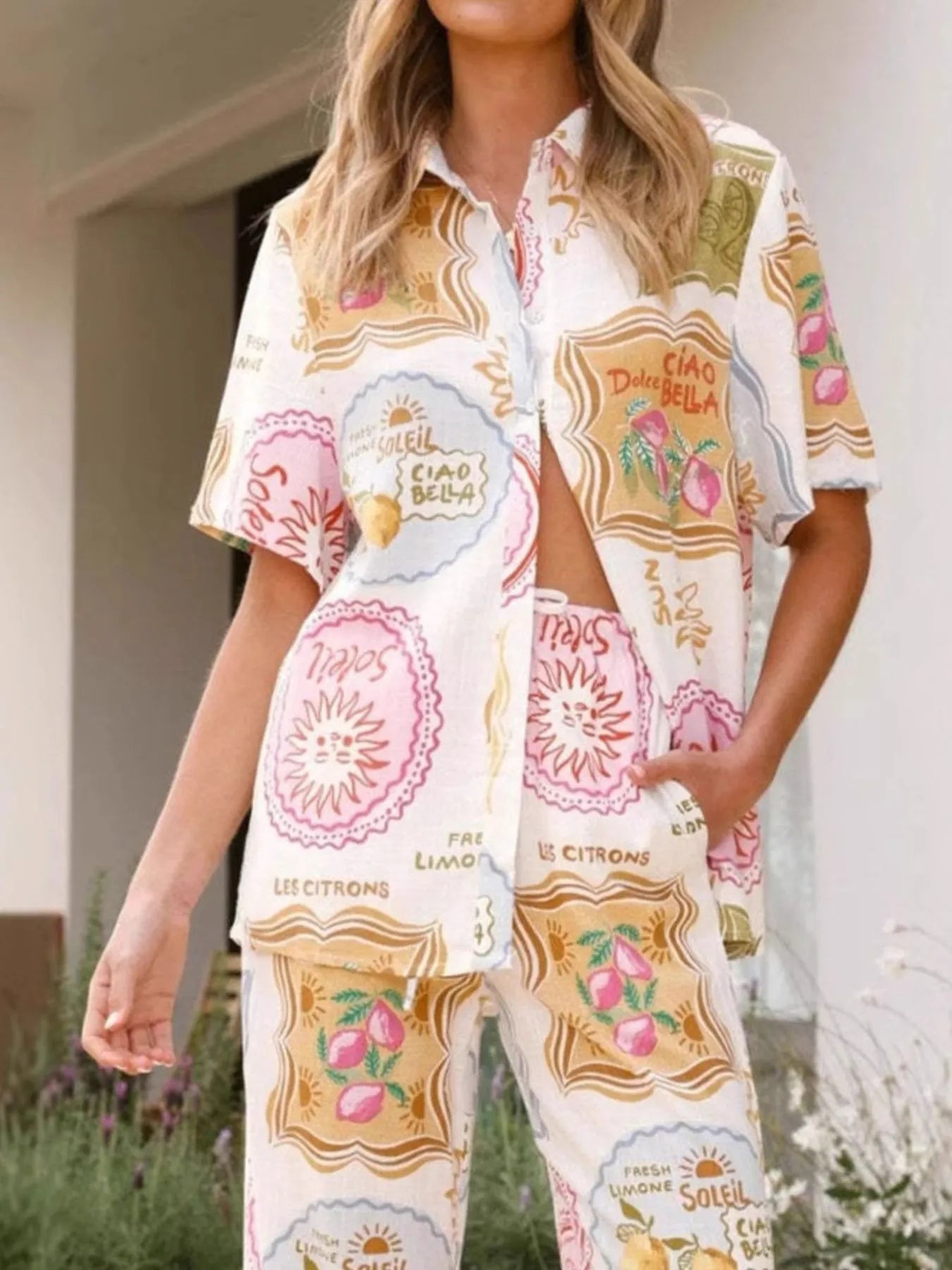 Printed Button Up Shirt and Pants Set OutfitFlow