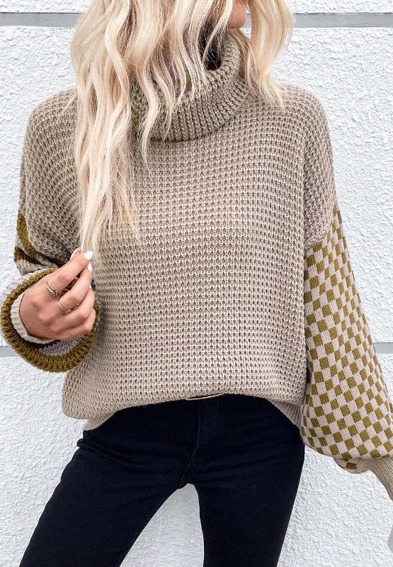 Outfit Flow - Striped & Checkered Turtleneck Dropped Shoulder Sweater