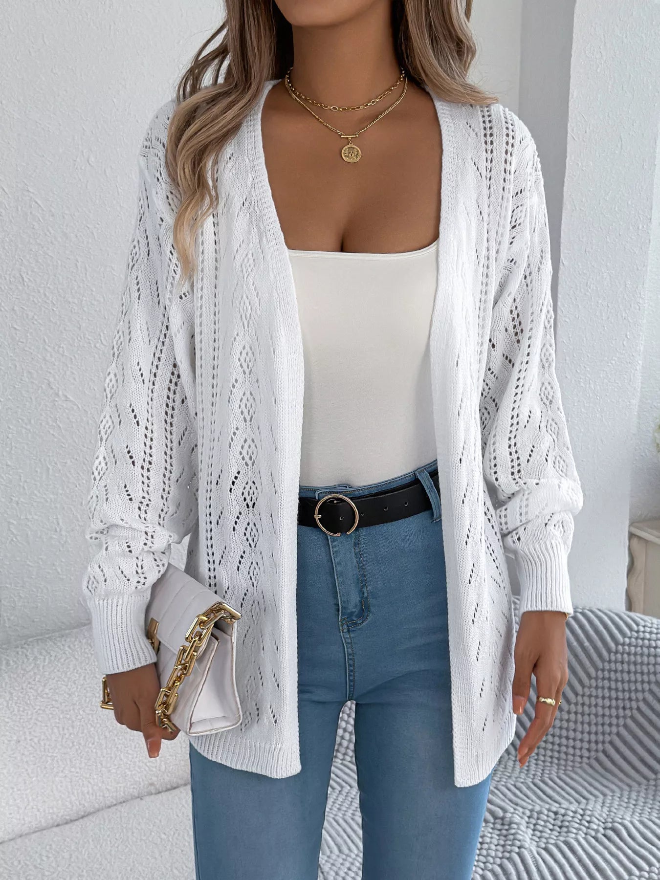 Openwork Open Front Cardigan OutfitFlow