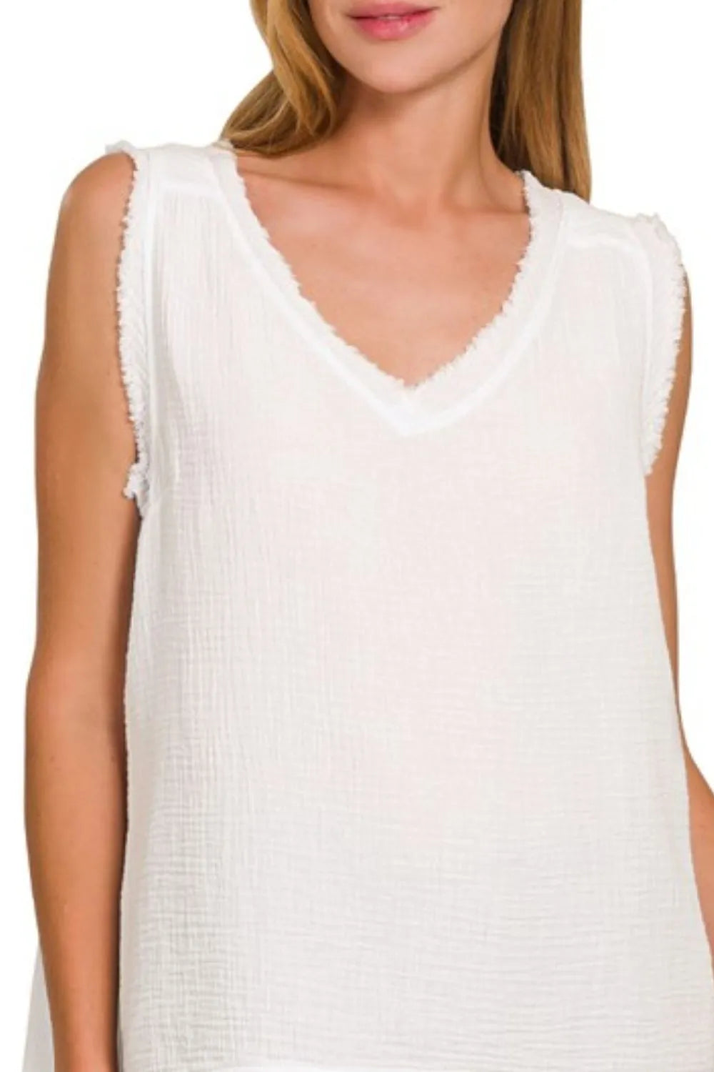 Zenana Double Gauze Raw Edge V-Neck Tank OutfitFlow