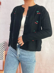 Cherry Embroidered Button Up Cardigan OutfitFlow