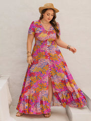 Plus Size Printed V-Neck Short Sleeve Maxi Dress Deep Rose OutfitFlow