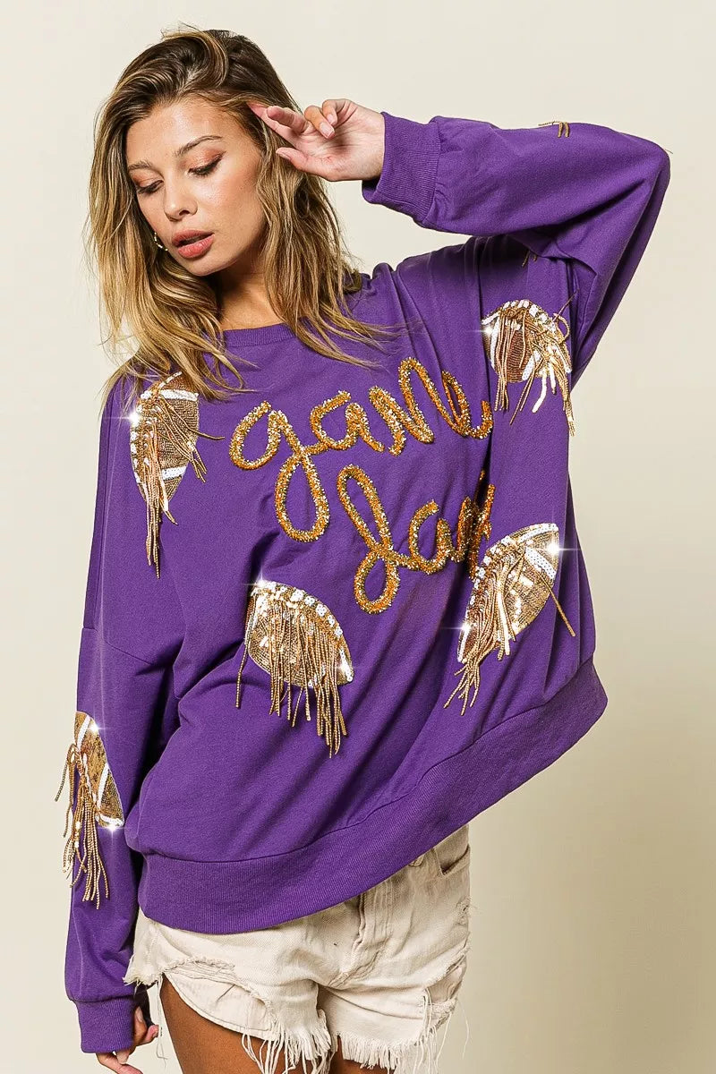 BiBi Sequin Football Patches Game Day Sweatshirt OutfitFlow