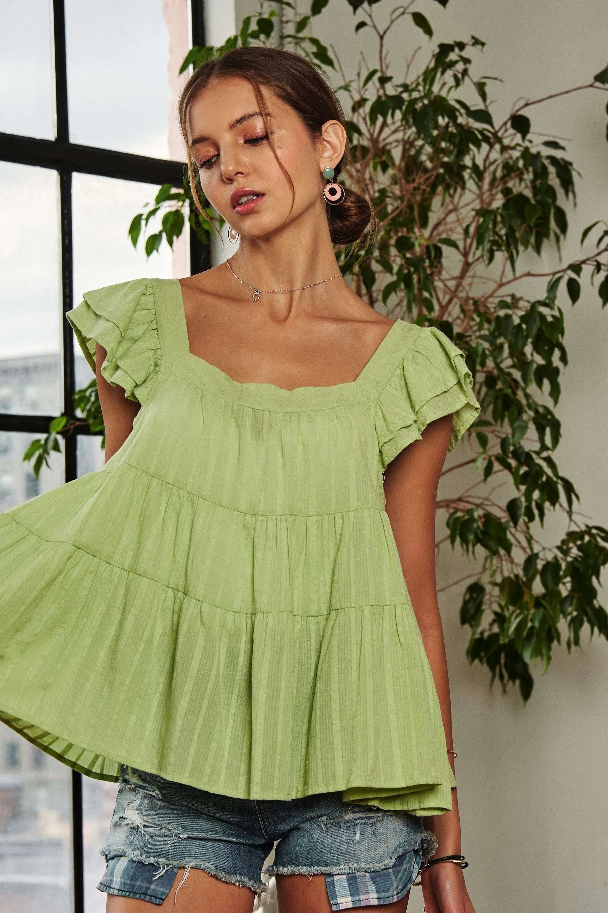ADORA Ruffle Sleeve Babydoll Tunic Top OutfitFlow