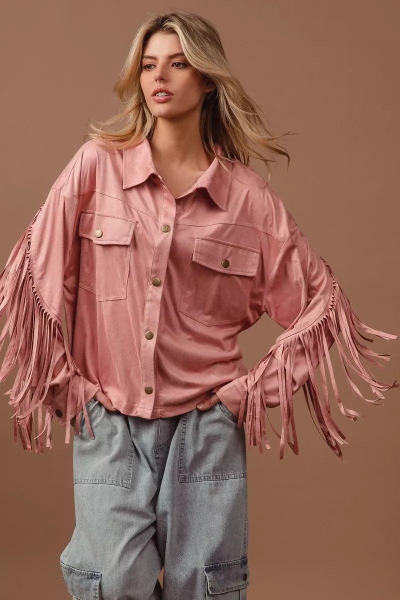 BiBi Suede Fringe Long Sleeve Jacket OutfitFlow
