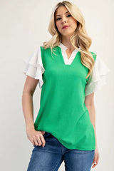 Celeste Full Size Solid Color Top with Ruffle Layered Sleeves Plus Size OutfitFlow