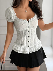 Eyelet Lace Short Sleeve Blouse OutfitFlow
