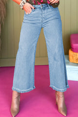 High-Waisted Wide Leg Frayed Hem Jeans OutfitFlow