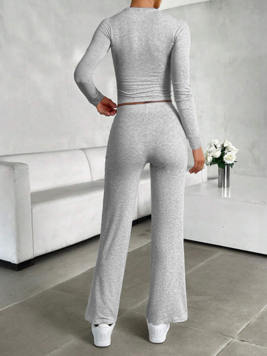 Outfit Flow - Round Neck Long Sleeve Top and Drawstring Pants Set