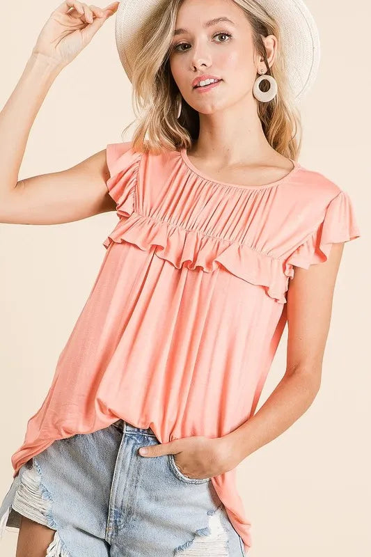 BiBi Jersey Knit Gathered Top with Ruffles OutfitFlow