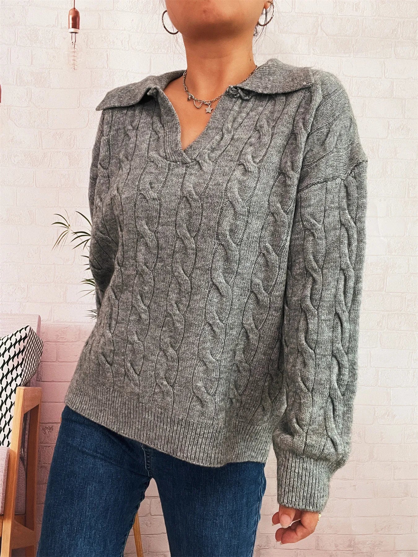 Cable Knit Johnny Collar Sweater Trendsi