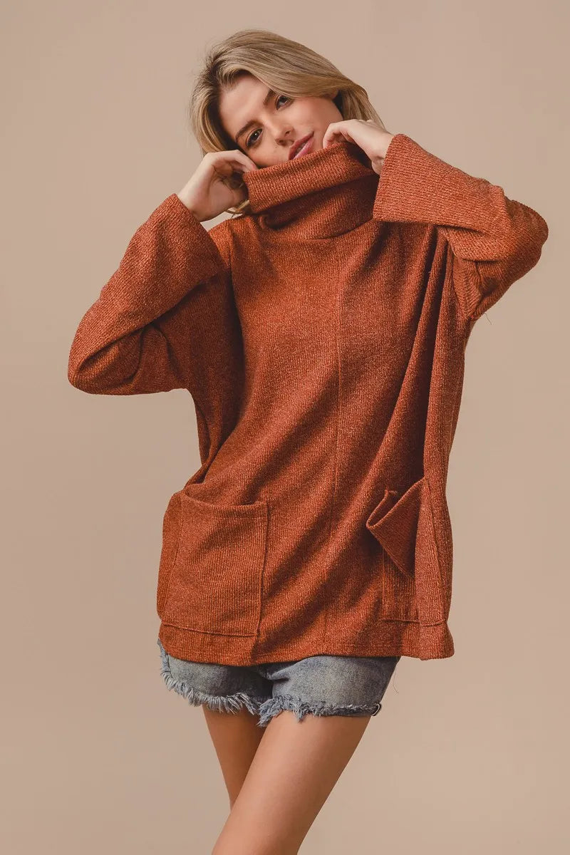 BiBi Piper Rib Double Pocket Turtle Neck Sweater OutfitFlow