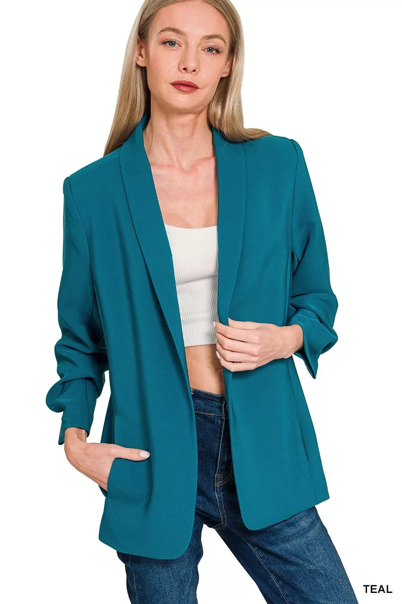 Zenana Woven 3/4 Ruched Sleeve Open Front Classic Blazer TEAL OutfitFlow