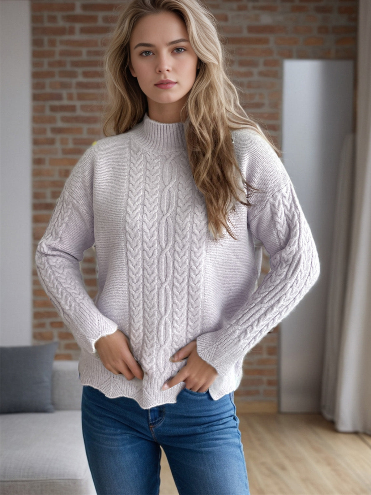 Outfit Flow - Cable-Knit Mock Neck Dropped Shoulder Sweater