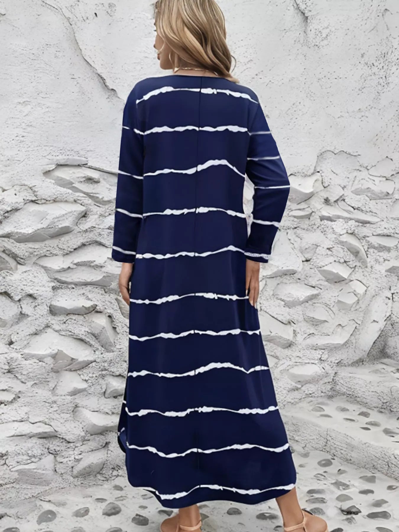 Striped V-Neck Long Sleeve Casual Maxi Dress OutfitFlow
