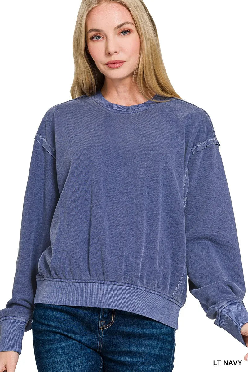 Zenana Soft Fleece Pigment Dye Round Neck Pullover LT NAVY Trendsi