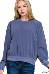 Zenana Soft Fleece Pigment Dye Round Neck Pullover LT NAVY Trendsi