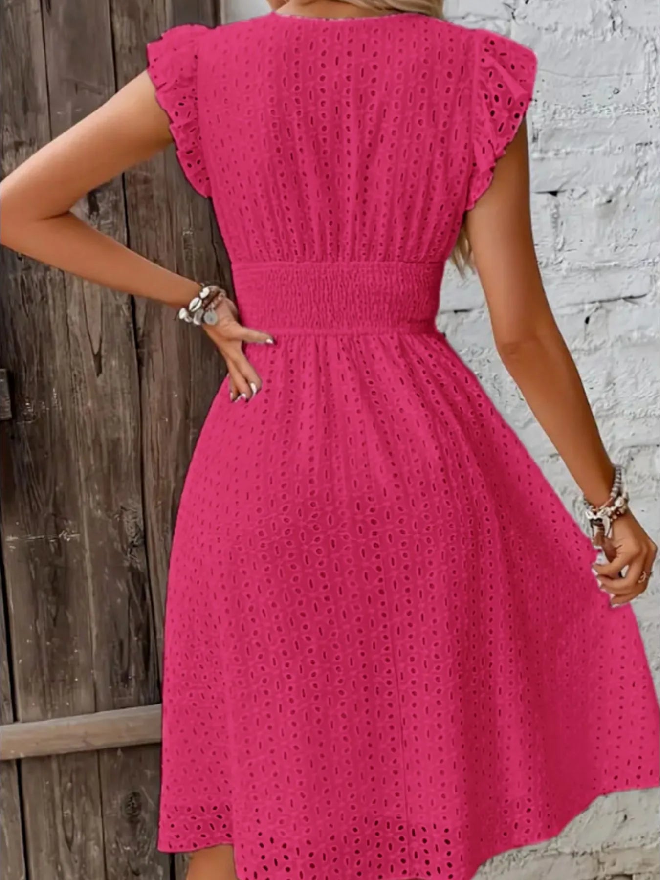 Eyelet Ruffled Cap Sleeve Mini Dress OutfitFlow