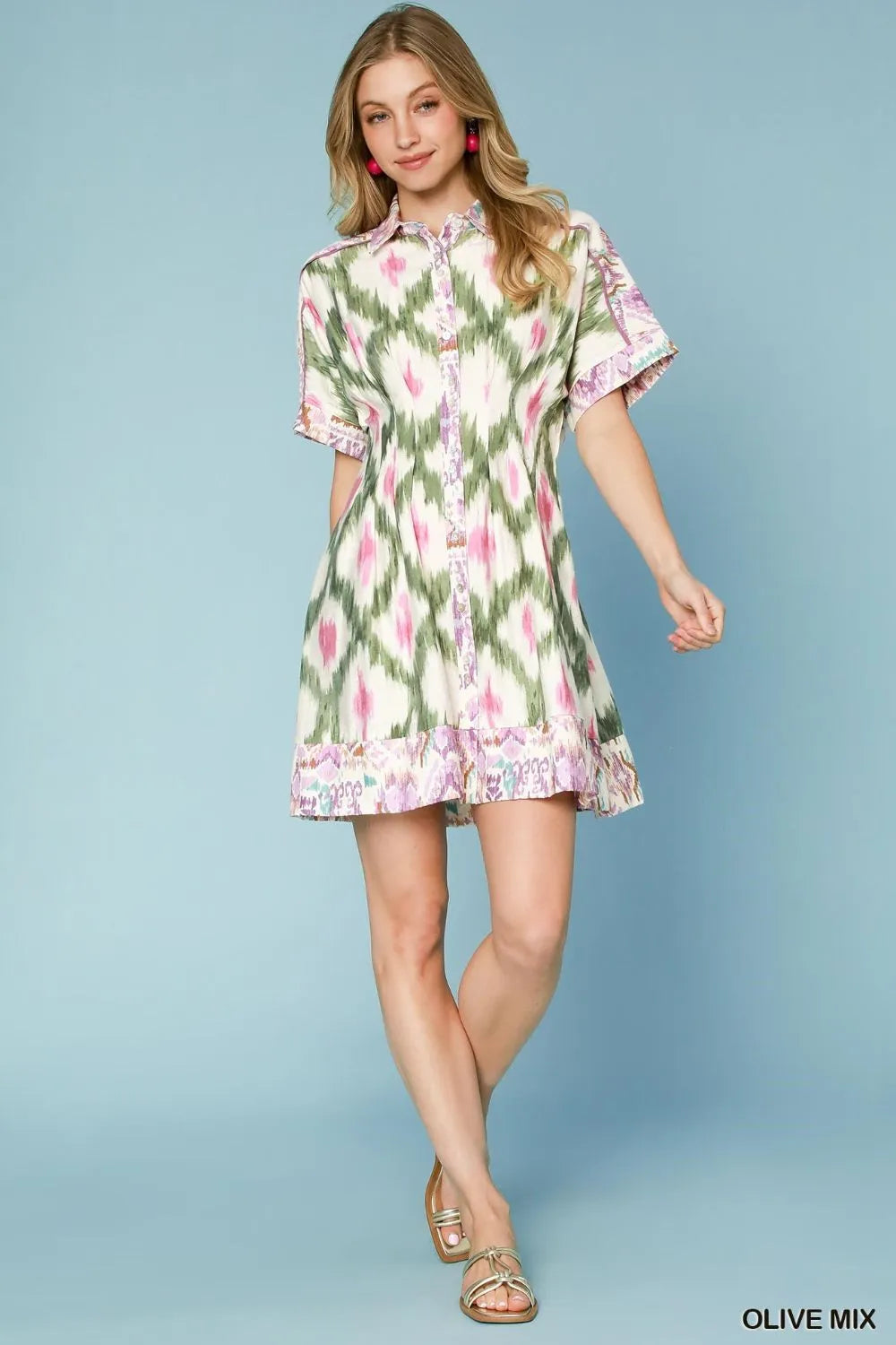 Umgee Ethnic Print Short Sleeve Mini Shirt Dress Trendsi