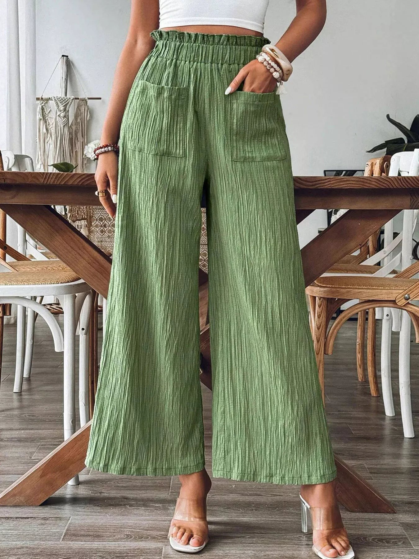 High-Waisted Wide Leg Pants Matcha Green OutfitFlow