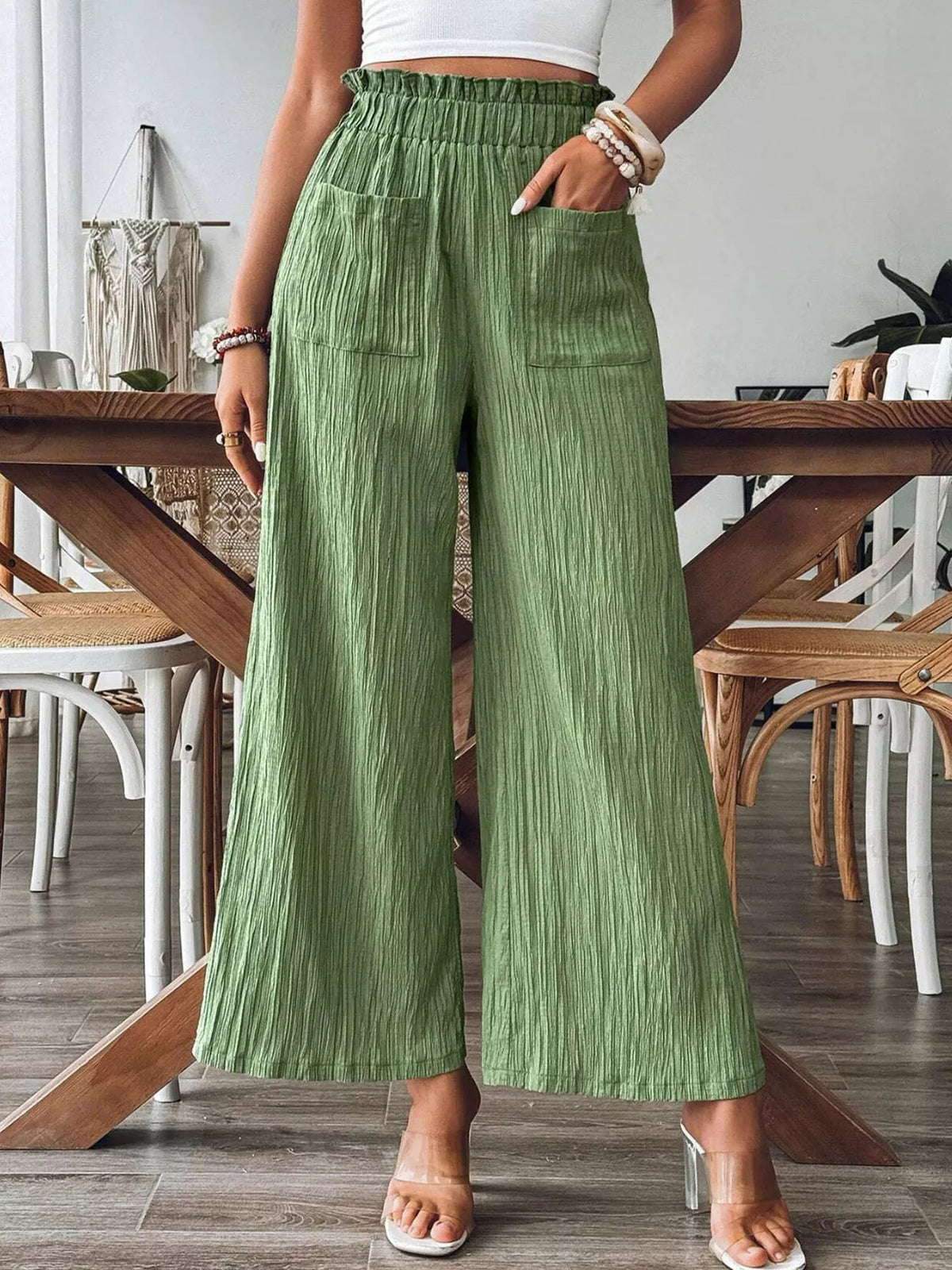 High-Waisted Wide Leg Pants Matcha Green OutfitFlow