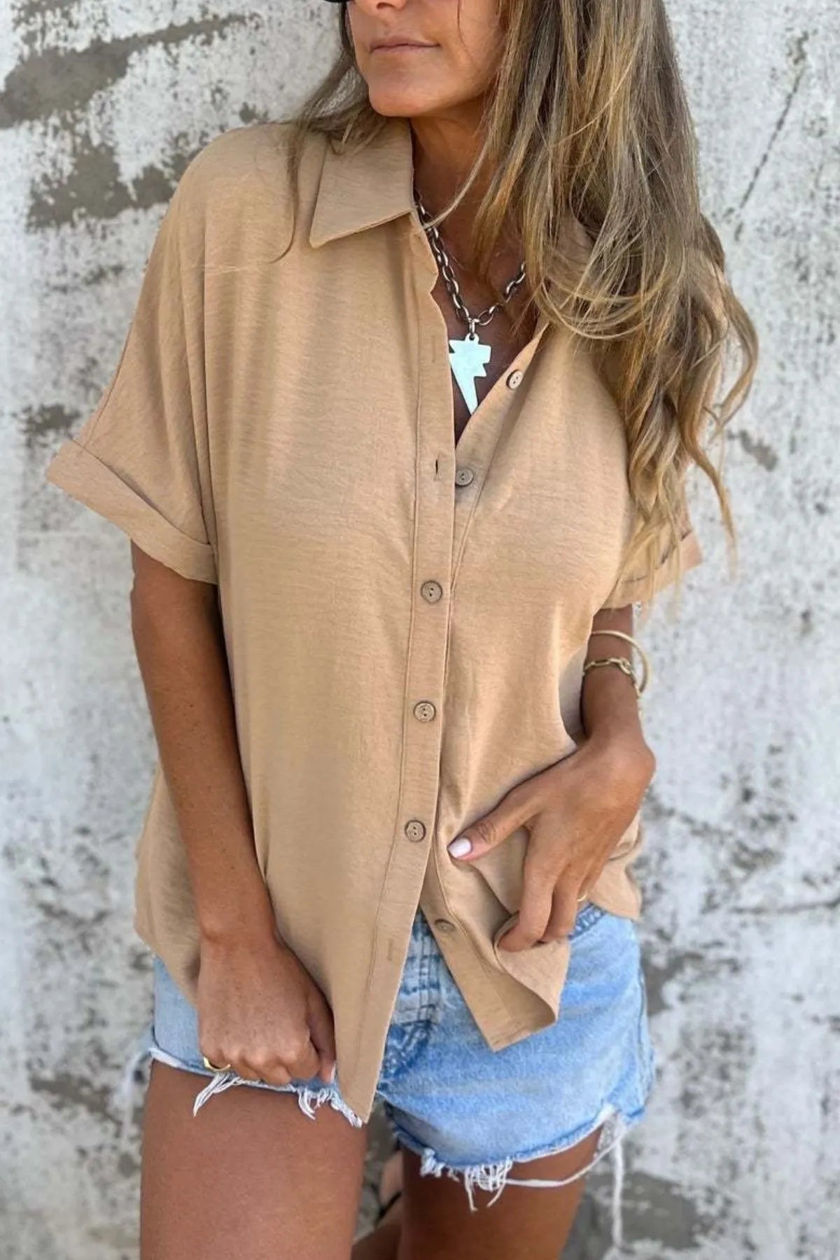 Full Size Casual Button Down Short Sleeve Loose Shirt Plus Size OutfitFlow