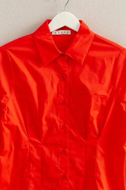 HYFVE Long Sleeve Pleated Waist Poplin Shirt OutfitFlow
