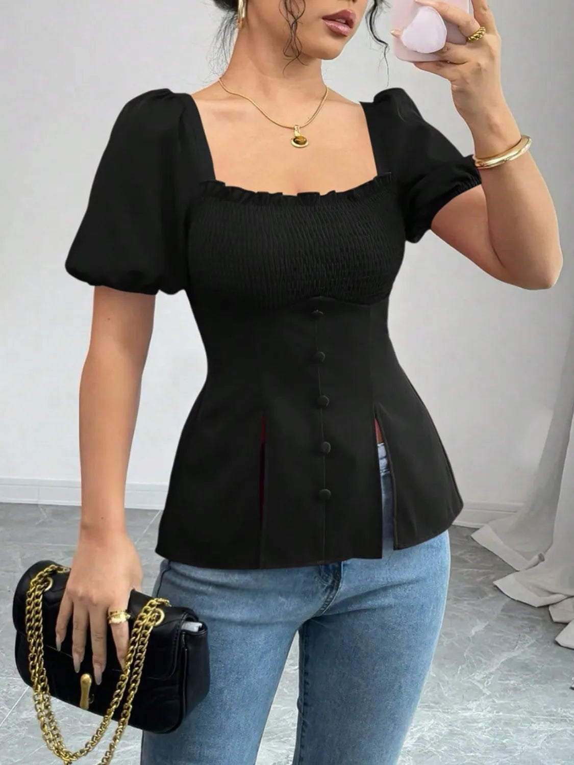Slit Square Neck Short Sleeve Blouse Black OutfitFlow