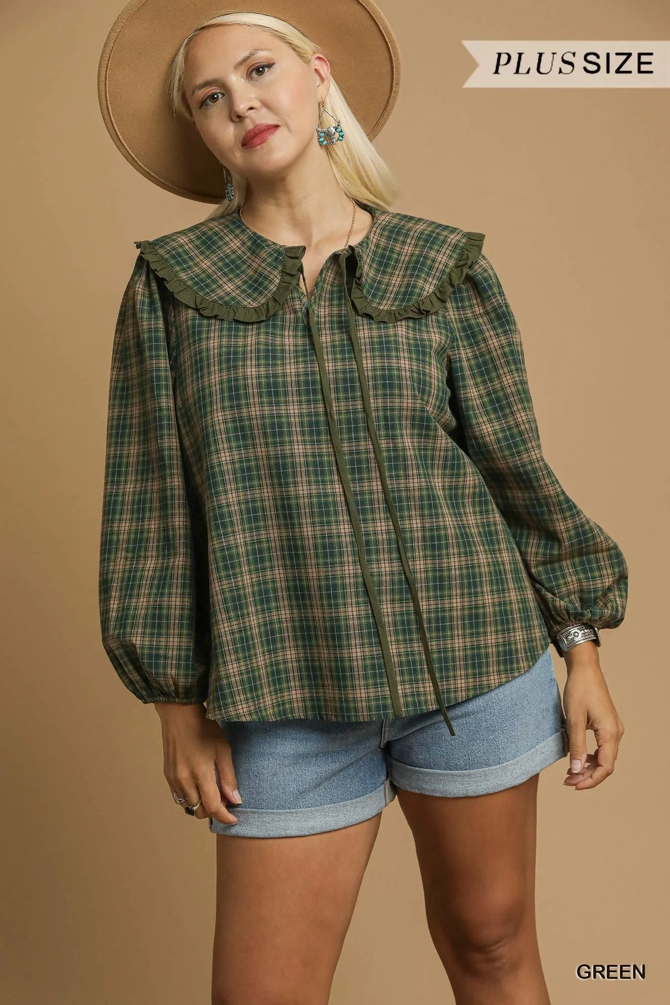 Umgee Full Size Plaid Ruffle Collar Blouse Plus Size Trendsi