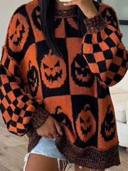 Exposed Seam Pumpkin Round Neck Long Sleeve Sweater OutfitFlow
