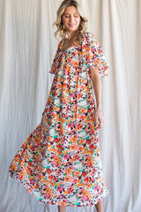 Lime 'N' Chili Floral Print Sweetheart Neck Tie Front Midi Dress OutfitFlow