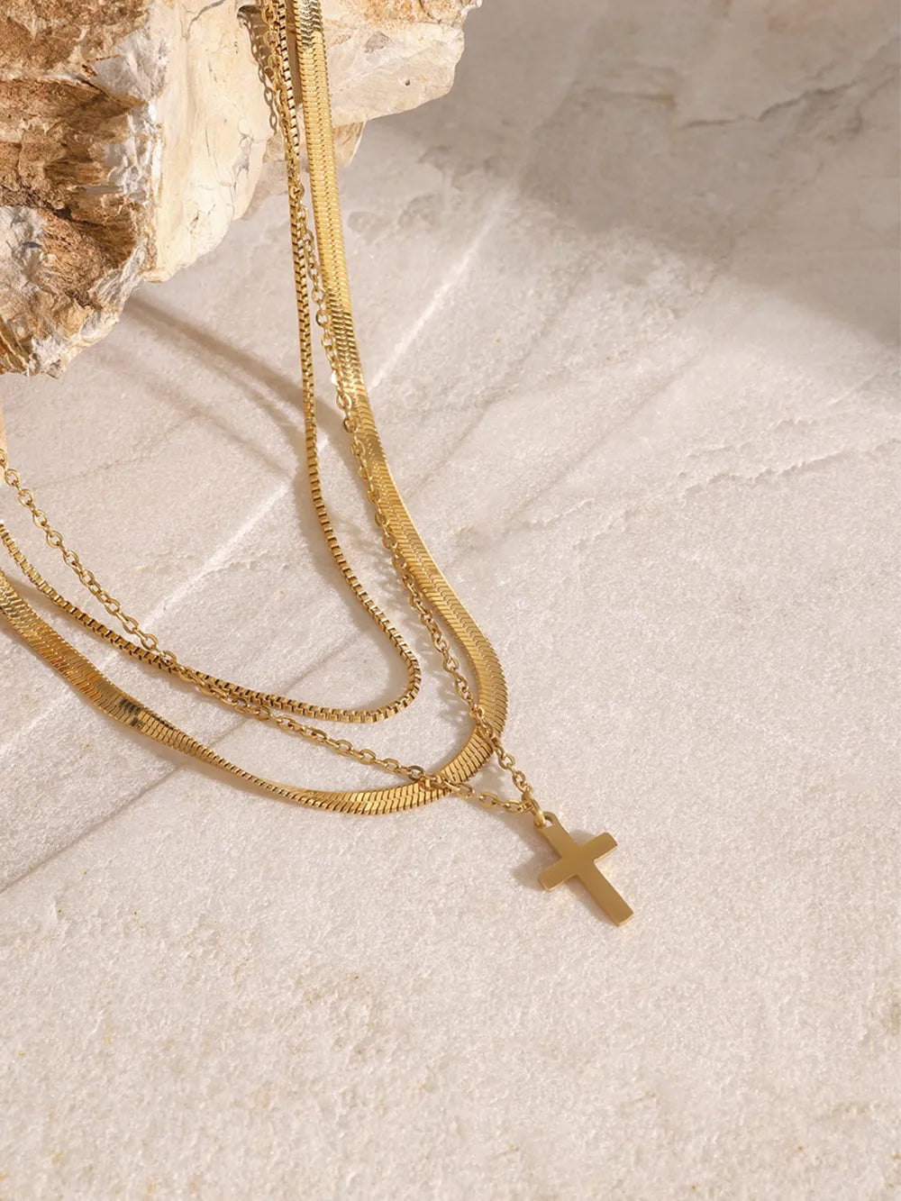 18K Gold-Plated Three-Layered Cross Necklace OutfitFlow