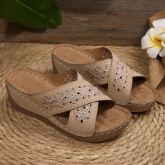 Peep Toe Wedge Sandals Khaki OutfitFlow