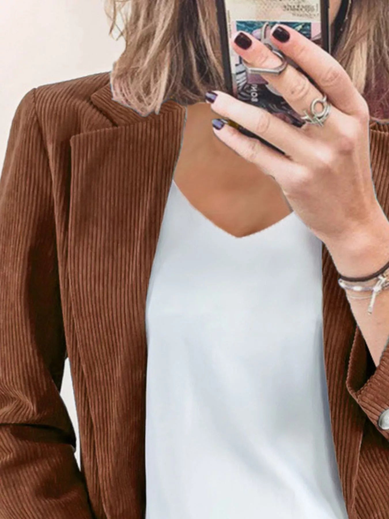 Full Size Corduroy Lapel Collar Casual Blazer Plus Size Trendsi