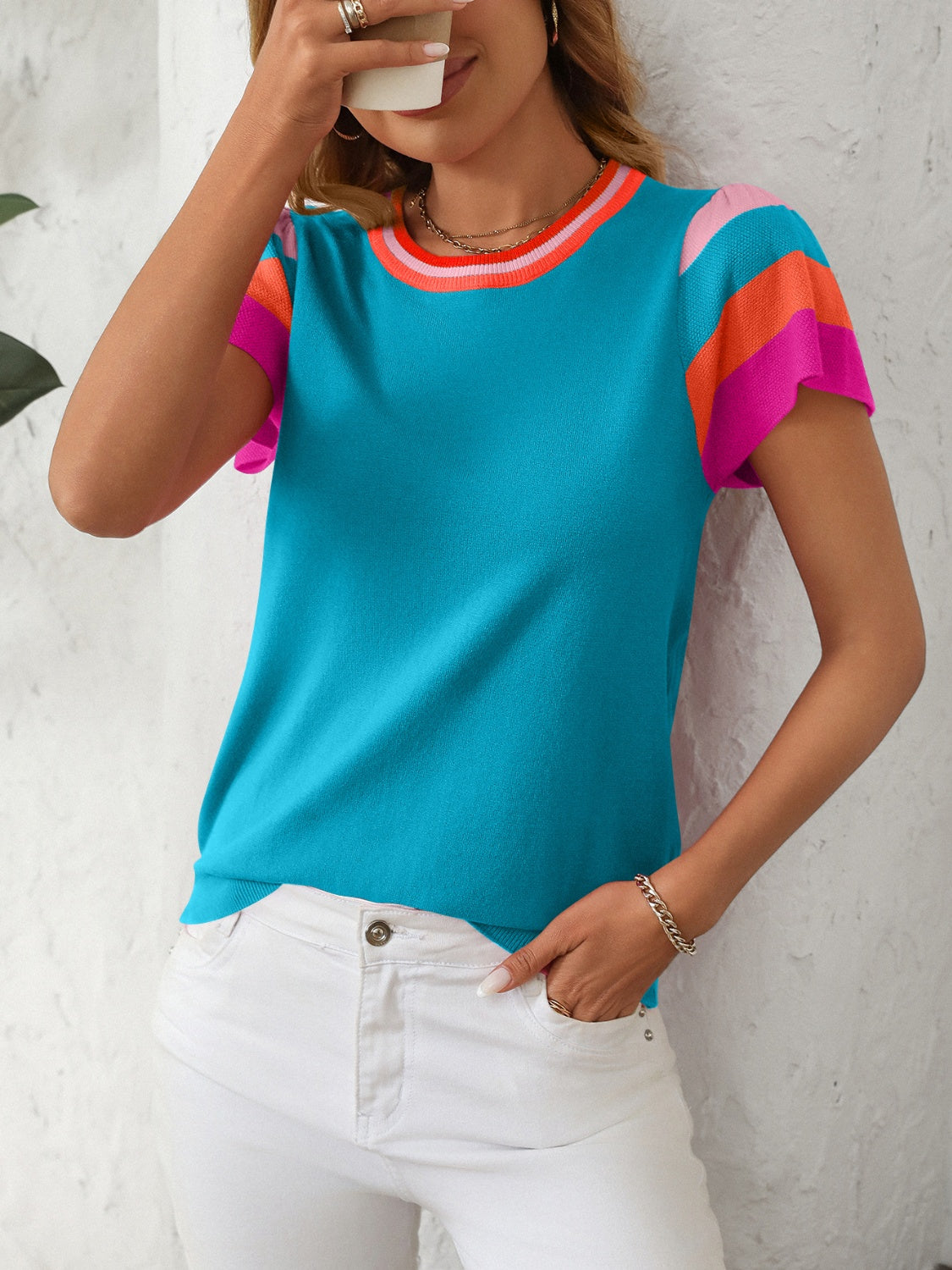 Outfit Flow - Mandy Contrast Round Neck Short Sleeve Knit Top