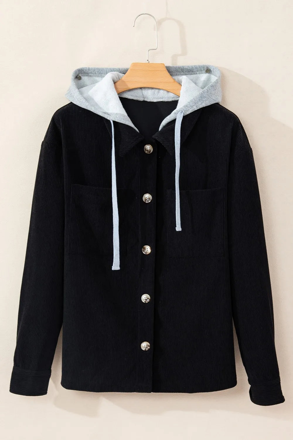 Drawstring Button Up Long Sleeve Hooded Jacket OutfitFlow