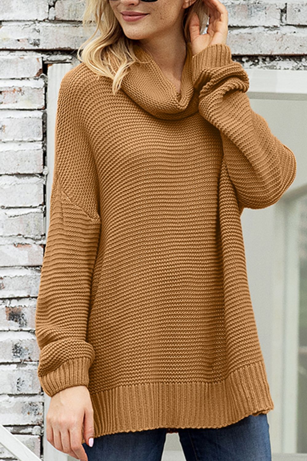 Outfit Flow - Side Slit Turtleneck Long Sleeve Sweater