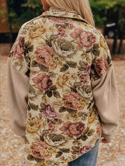 Floral Waffle Knit Patchwork Chest Pockets Buttoned Jacket OutfitFlow