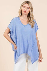 Mittoshop Mineral Wash Waffle Knit Pointed Hem Oversized Top Light Blue OutfitFlow