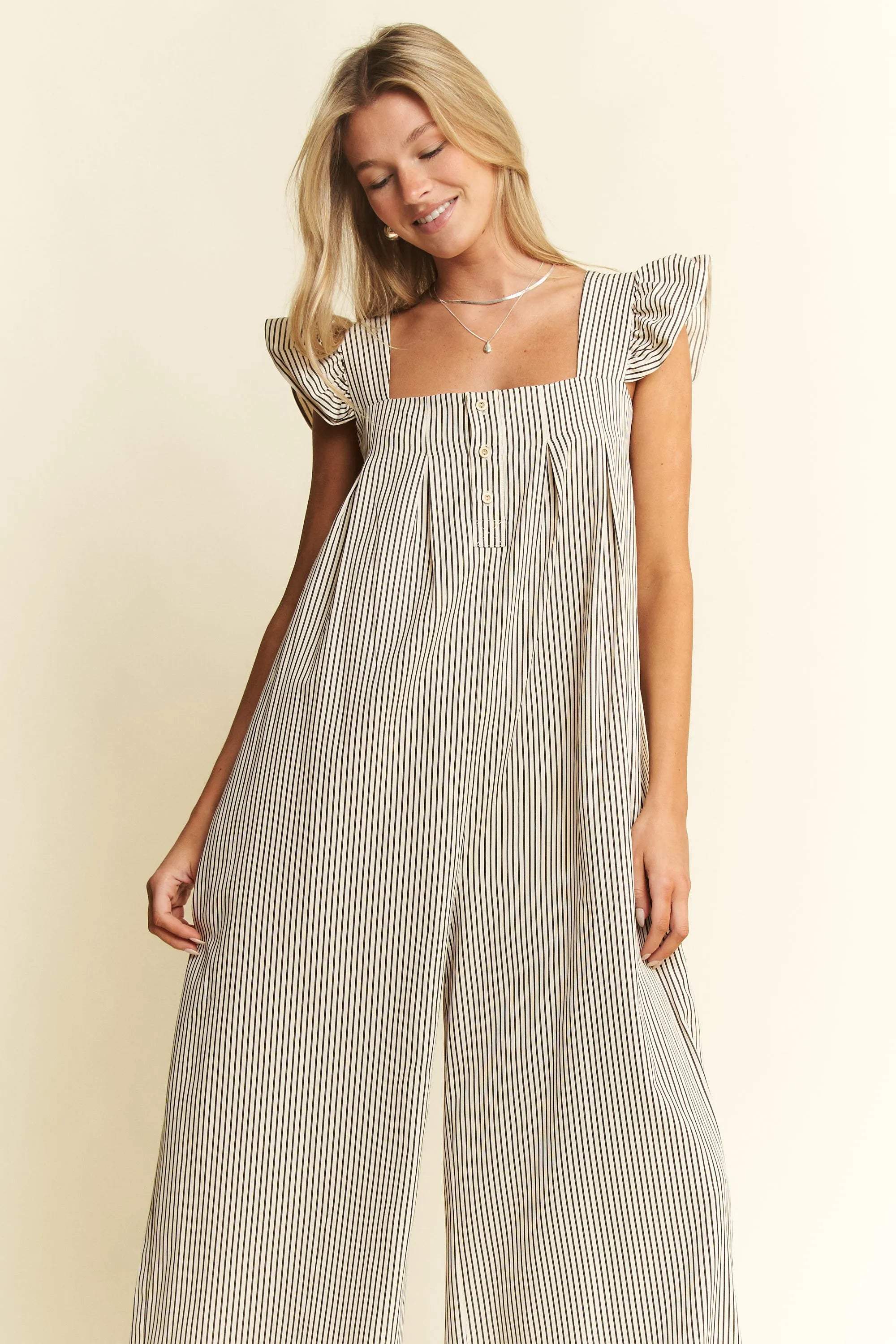 Jade By Jane Stripe Sleeveless Ruffle Jumpsuit OutfitFlow