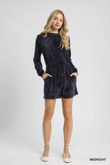 Umgee Velour Drawstring Mini Dress with Long Sleeves OutfitFlow